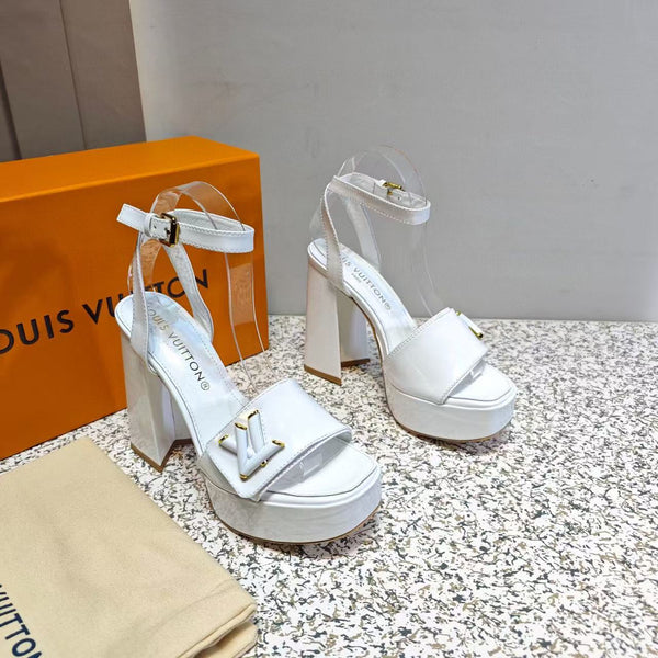 LV Shake Sandals 11cm High Block Heel White Patent Leather
