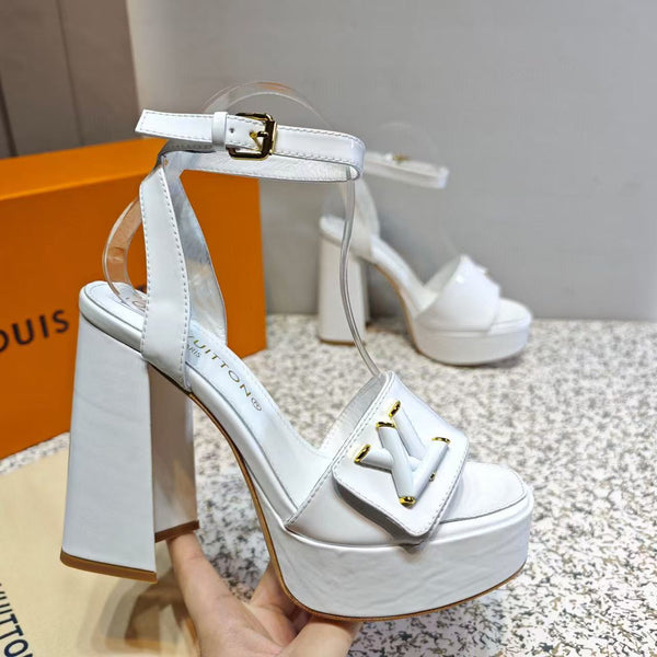 LV Shake Sandals 11cm High Block Heel White Patent Leather