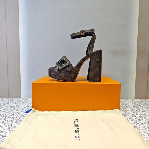 LV Shake Sandals 11cm High Block Heel Brown Monogram Leather