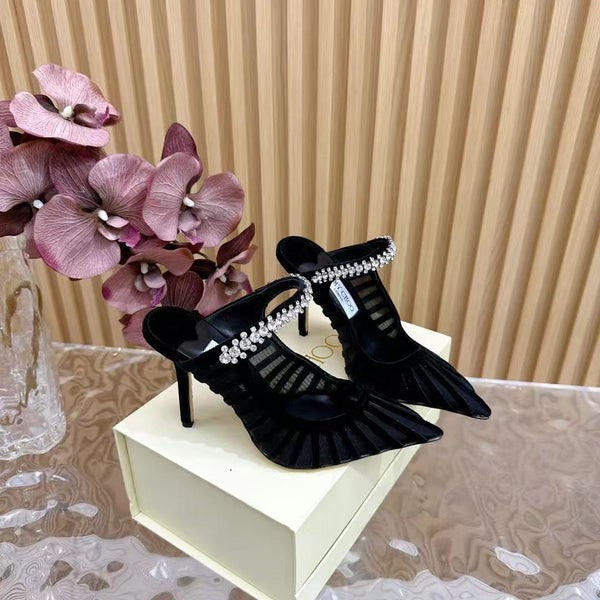 Jimmy Choo 2025 Flocked Velvet Striped Black Mesh Bing 100 Pumps With Crystals