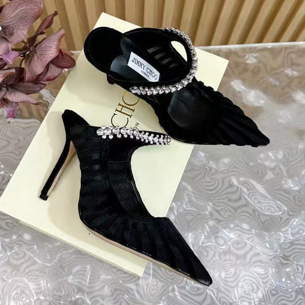 Jimmy Choo 2025 Flocked Velvet Striped Black Mesh Bing 100 Pumps With Crystals