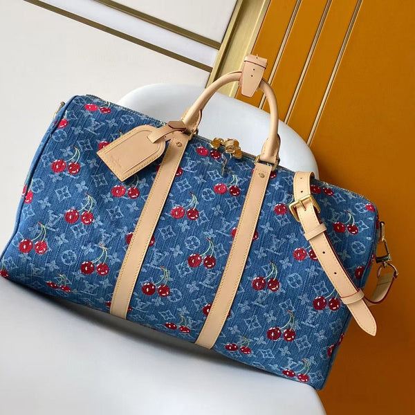 LV x TM Keepall Bandoulière 45cm Bag Blue Red Beige Denim Fabric Cowhide