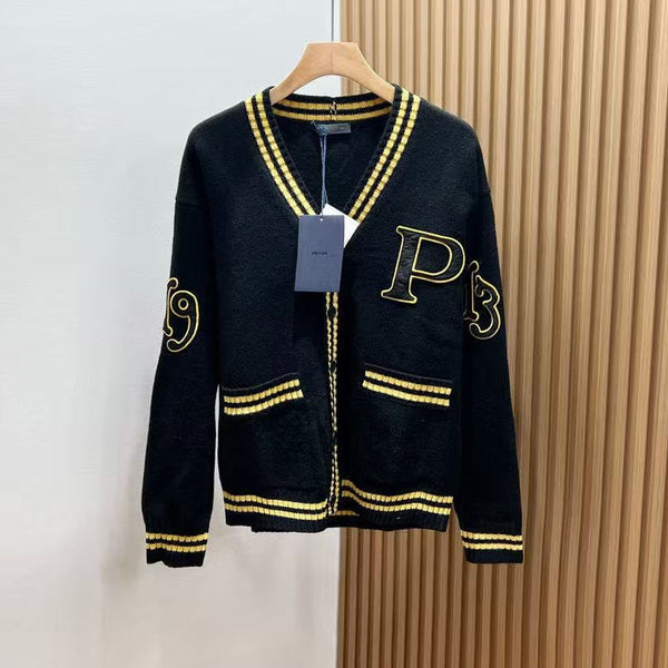 Prada Logo-appliquéd Cardigan Black Yellow Wool Cashmere