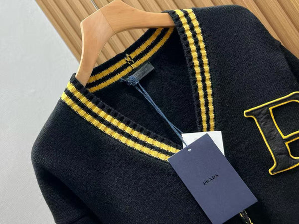 Prada Logo-appliquéd Cardigan Black Yellow Wool Cashmere