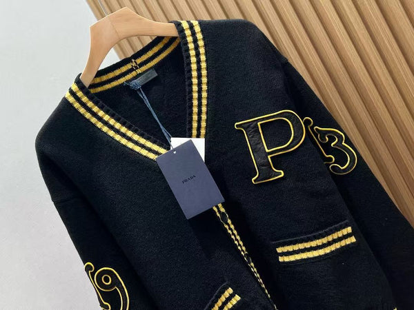 Prada Logo-appliquéd Cardigan Black Yellow Wool Cashmere