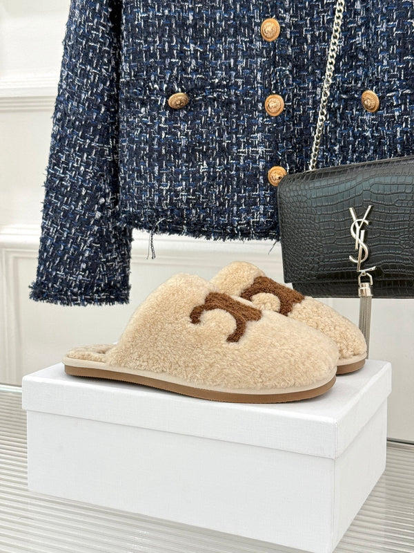 CL Elena Mule in Shearling 10mm Dark Beige Brown Wool