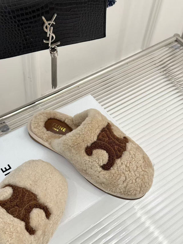 CL Elena Mule in Shearling 10mm Dark Beige Brown Wool