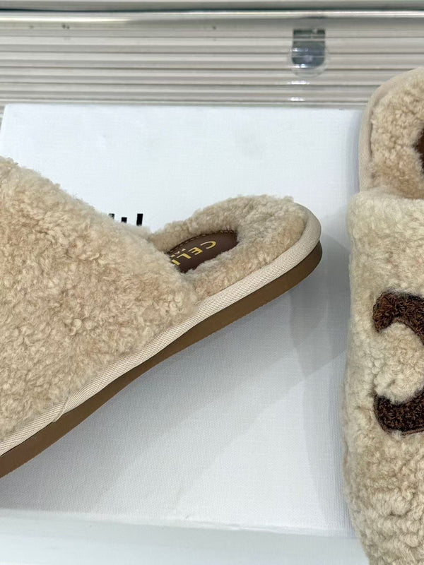 CL Elena Mule in Shearling 10mm Dark Beige Brown Wool