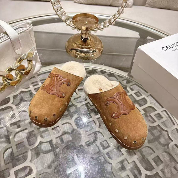 Celine 25 Rivet Birkenstock Slippers Brown Suede Shearling