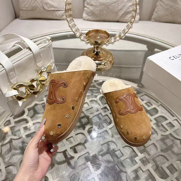 Celine 25 Rivet Birkenstock Slippers Brown Suede Shearling