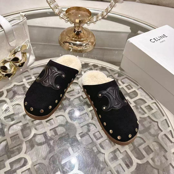 Celine 25 Rivet Birkenstock Slippers Black Suede Shearling