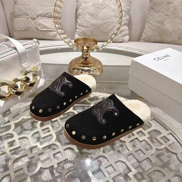Celine 25 Rivet Birkenstock Slippers Black Suede Shearling