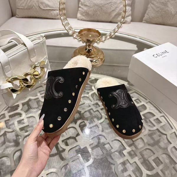 Celine 25 Rivet Birkenstock Slippers Black Suede Shearling