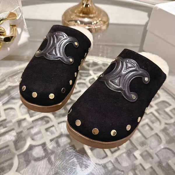 Celine 25 Rivet Birkenstock Slippers Black Suede Shearling