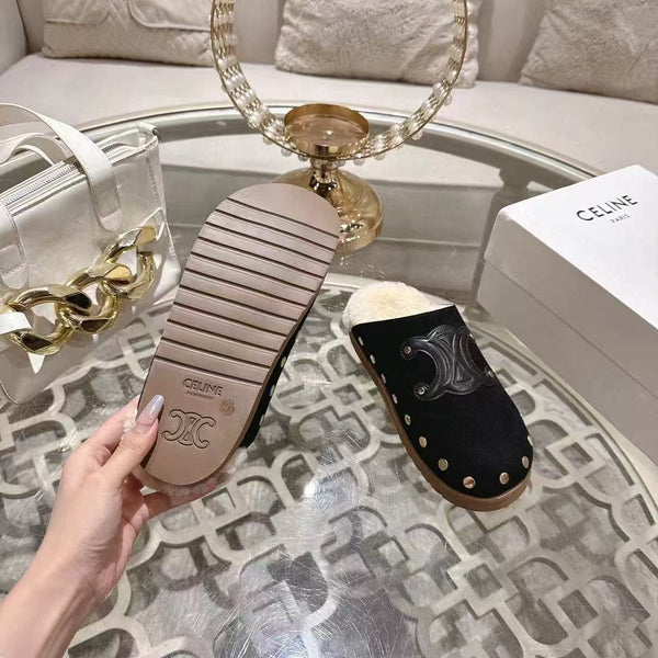 Celine 25 Rivet Birkenstock Slippers Black Suede Shearling