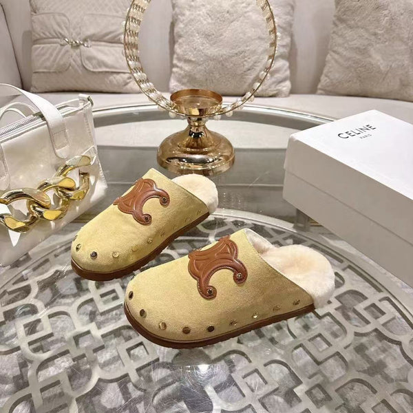 Celine 25 Rivet Birkenstock Slippers Beige Suede Shearling
