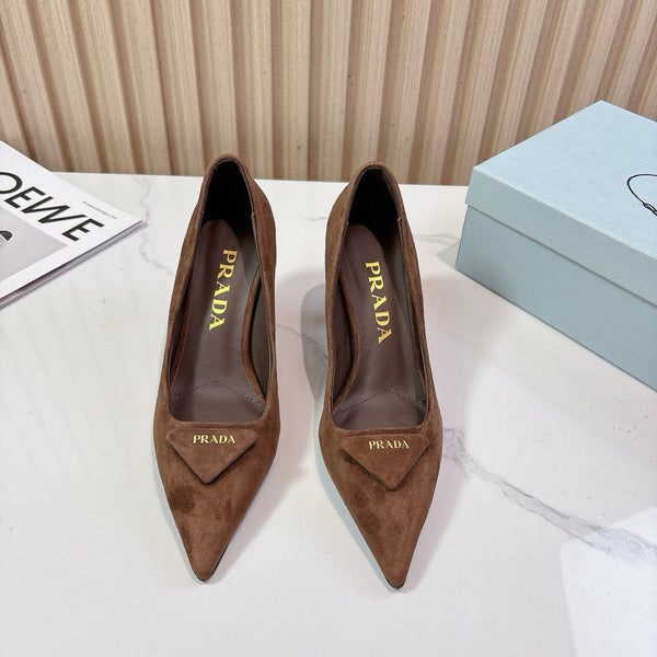 Prada Pointed Toe Pumps 7cm Heel Triangle Logo Dark Brown Suede