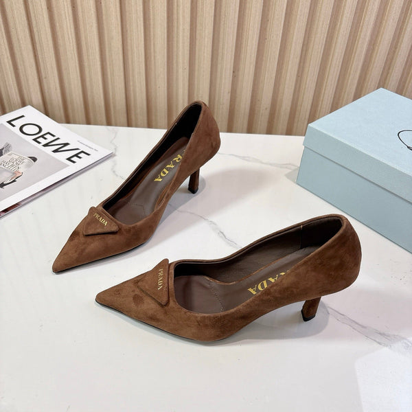 Prada Pointed Toe Pumps 7cm Heel Triangle Logo Dark Brown Suede