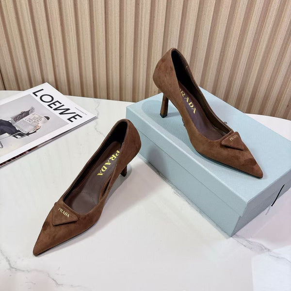 Prada Pointed Toe Pumps 7cm Heel Triangle Logo Dark Brown Suede