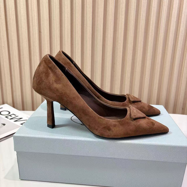 Prada Pointed Toe Pumps 7cm Heel Triangle Logo Dark Brown Suede