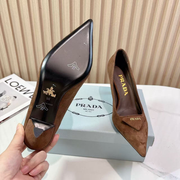 Prada Pointed Toe Pumps 7cm Heel Triangle Logo Dark Brown Suede