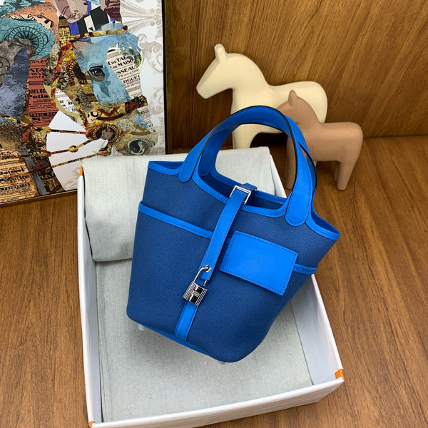 HM PICOTIN BASKET LOCK 18 BLUE SWIFT LEATHER AND CANVAS PATCHWORK SILVER HARDWARE
