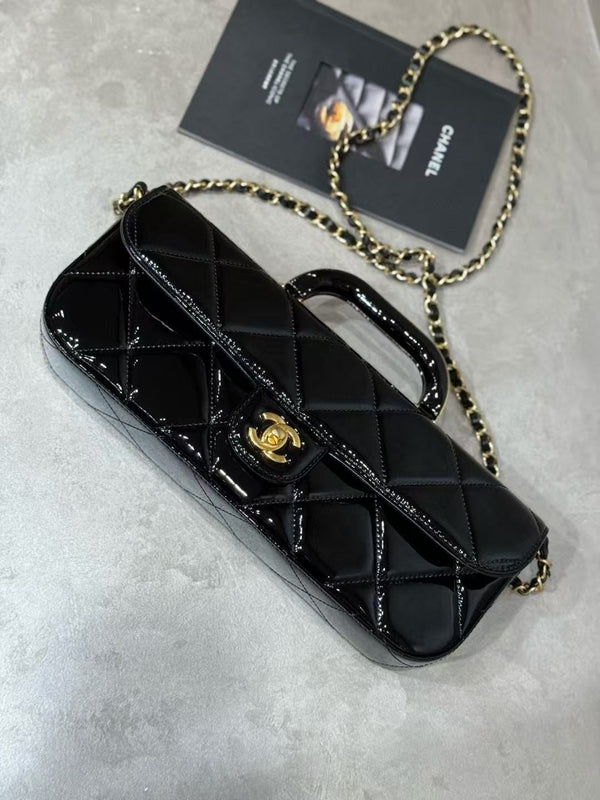 CC 25K Large Flap Bag with Top Handle Chain Strap Black Patent Calfskin GHW