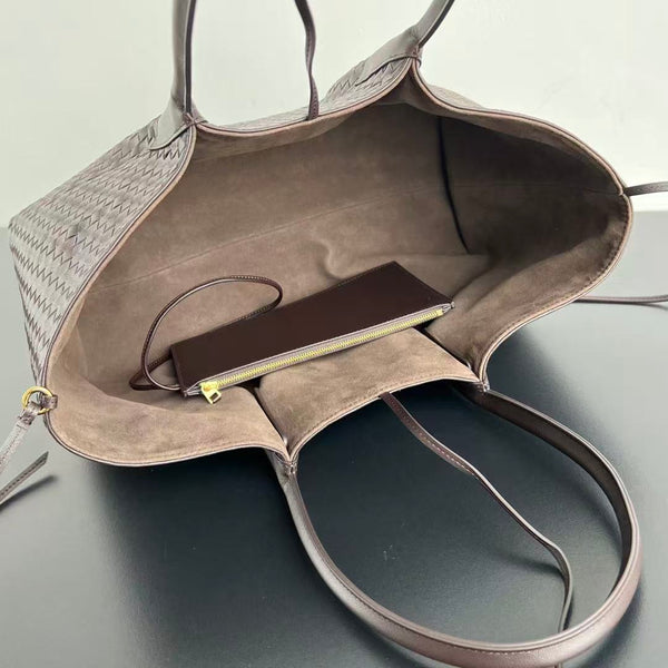 BV Reversible Tote Bag 43cm Intreccio Chocolate Brown Calfskin Suede