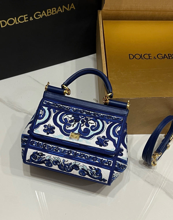 Dolce & Gabbana Porcelain Sicily Bag 20cm Blue and White Embroidery Calfskin