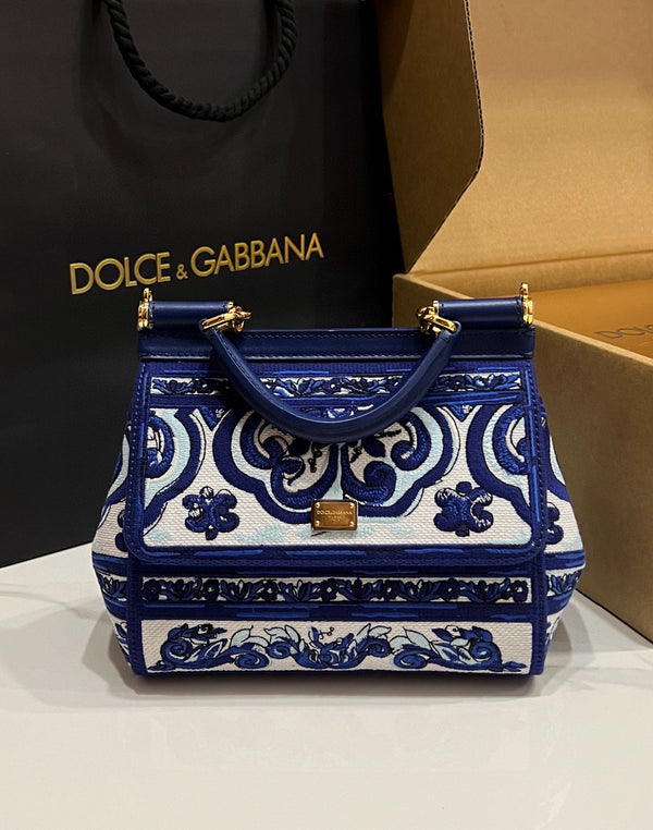 Dolce & Gabbana Porcelain Sicily Bag 20cm Blue and White Embroidery Calfskin