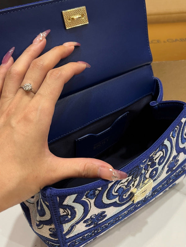 Dolce & Gabbana Porcelain Sicily Bag 20cm Blue and White Embroidery Calfskin