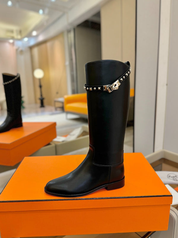 HM Jumping High Boots Iconic Medor Studs Straps Black Cowhide