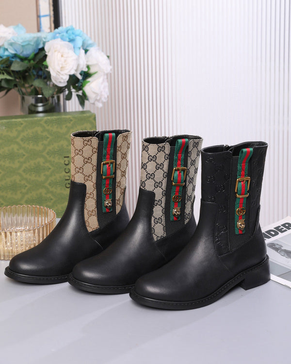 GG Boots Black and Beige Cowhide Canvas