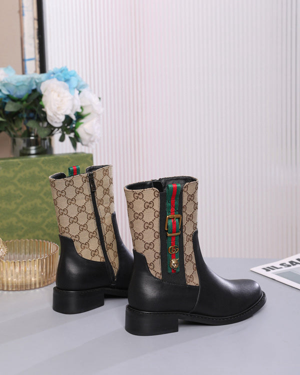 GG Boots Black and Beige Cowhide Canvas