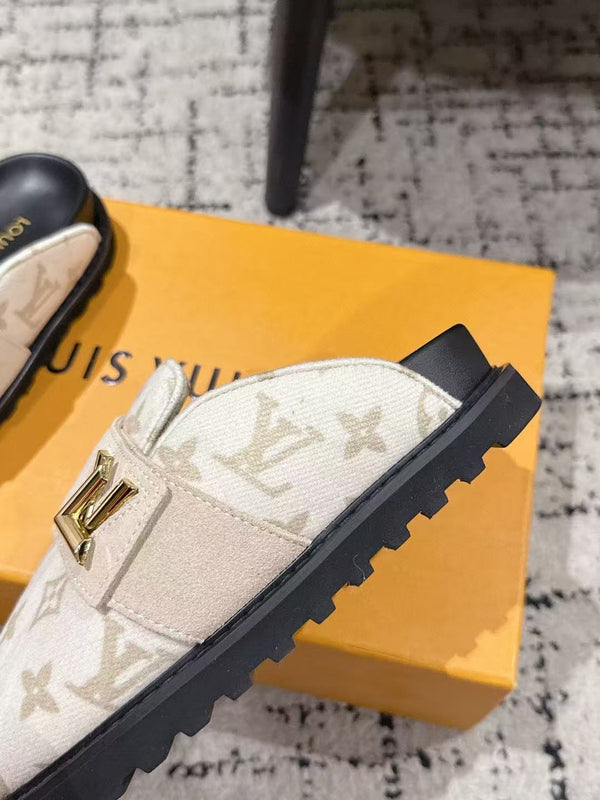 LV 25 Cosy Comfort Flat Clog Mule White Beige Black Leather Fabric