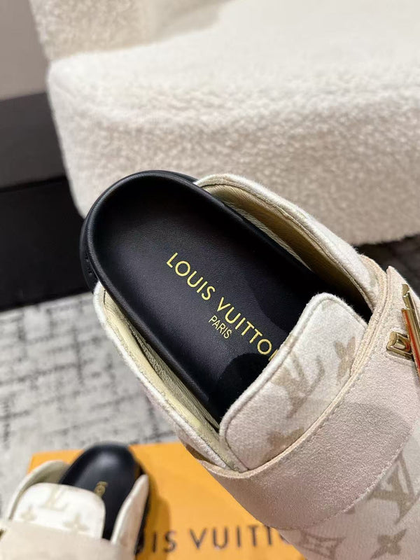 LV 25 Cosy Comfort Flat Clog Mule White Beige Black Leather Fabric
