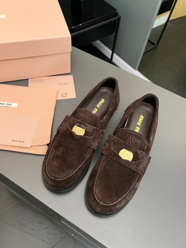 MiuMiu Gold Penny Loafer Red-Brown Suede