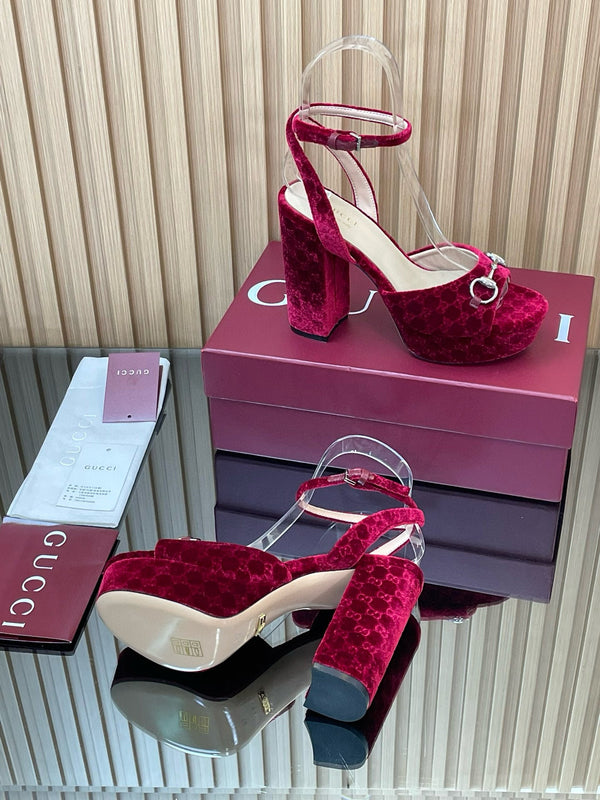 GG Horsebit Platform Sandals 15cm High Heel Red Velvet