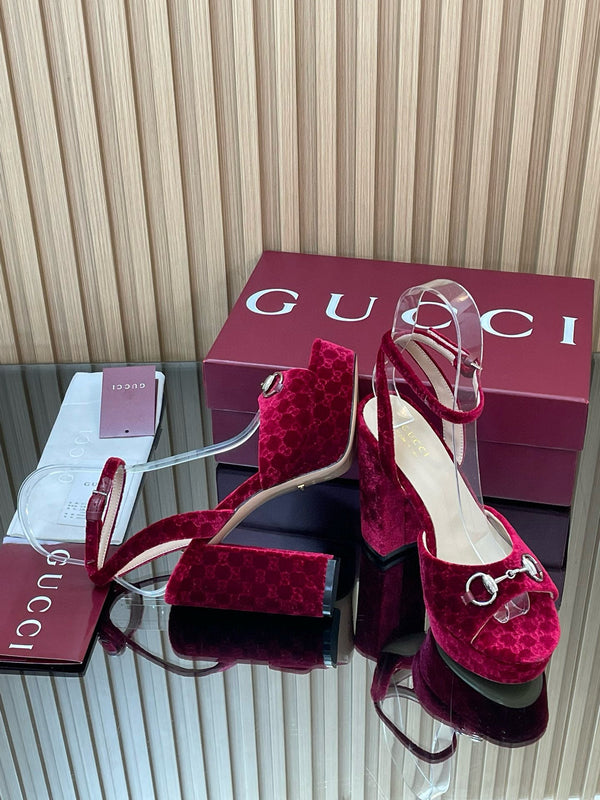 GG Horsebit Platform Sandals 15cm High Heel Red Velvet