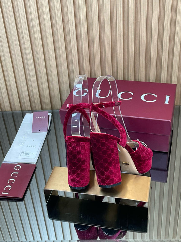 GG Horsebit Platform Sandals 15cm High Heel Red Velvet
