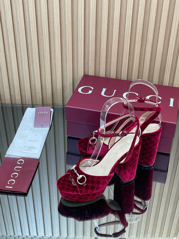GG Horsebit Platform Sandals 15cm High Heel Red Velvet