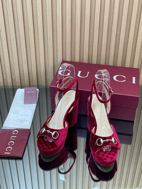 GG Horsebit Platform Sandals 15cm High Heel Red Velvet