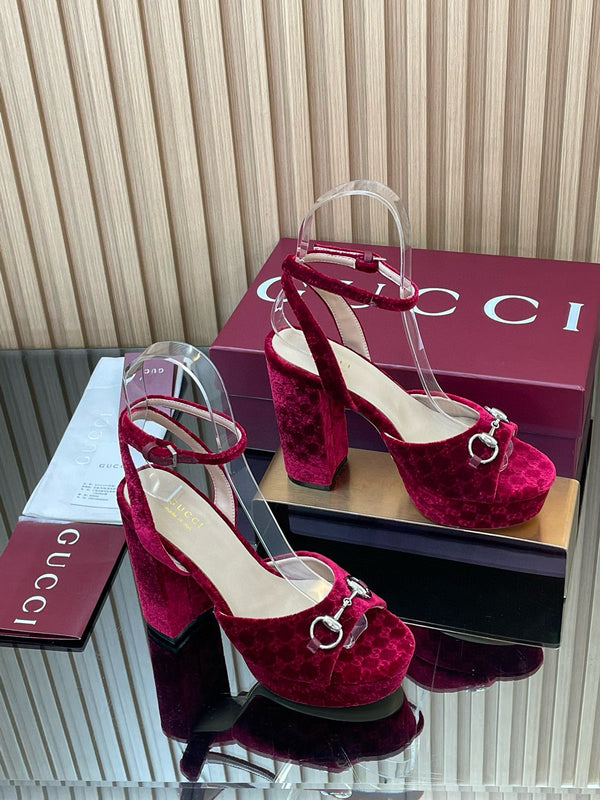 GG Horsebit Platform Sandals 15cm High Heel Red Velvet