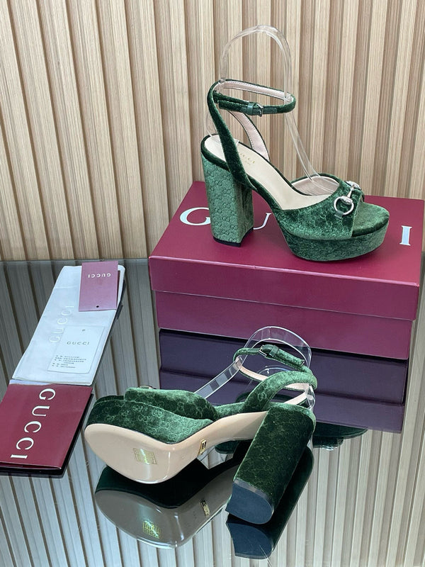 GG Horsebit Platform Sandals 15cm High Heel Green Velvet