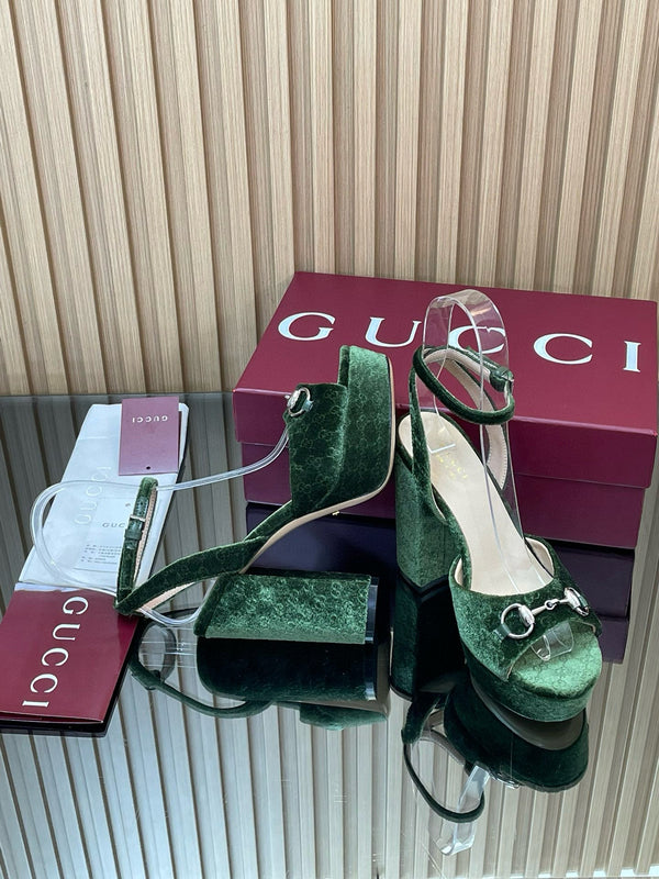 GG Horsebit Platform Sandals 15cm High Heel Green Velvet