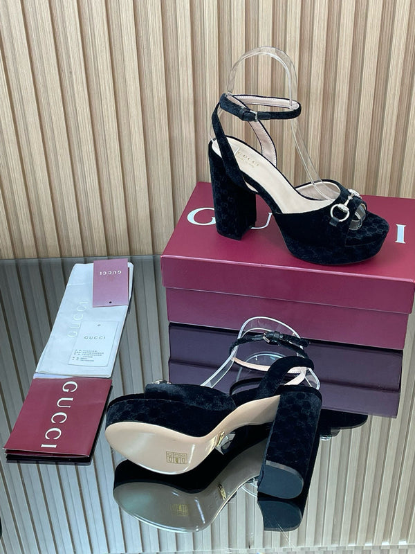 GG Horsebit Platform Sandals 15cm High Heel Black Velvet