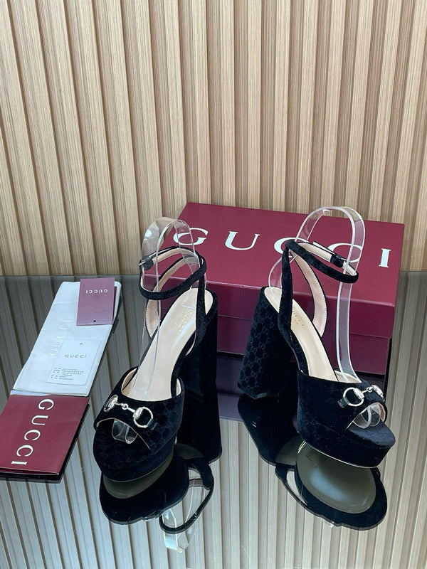 GG Horsebit Platform Sandals 15cm High Heel Black Velvet