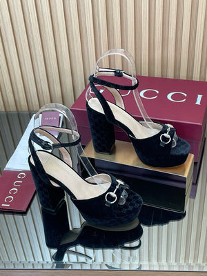 GG Horsebit Platform Sandals 15cm High Heel Black Velvet