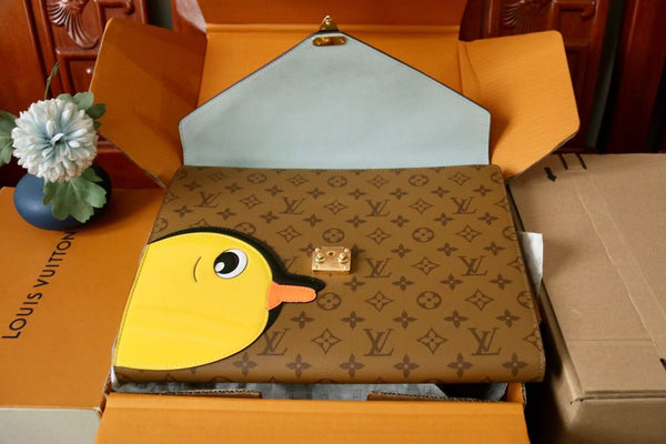 LV Mark Folder Monogram Reverse Brown Playful Duck Design Coated Canvas Calfskin