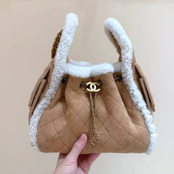 Sac hobo CC 25C 30cm Marron Blanc Daim Laine Quincaillerie Dorée